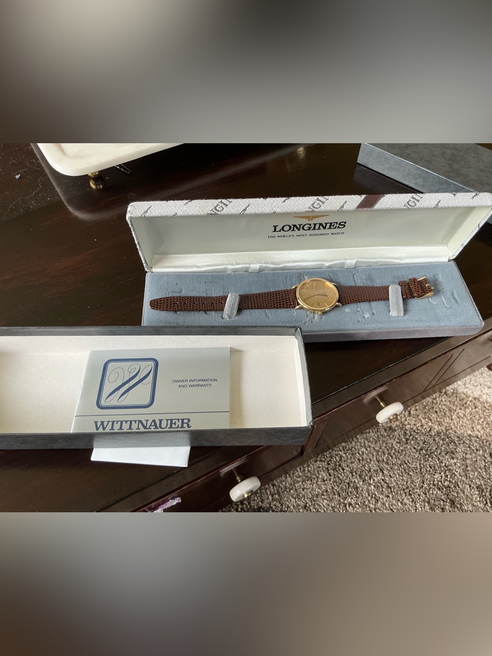 Longines Gold Round Watch with Brown Lizard Grain Strap